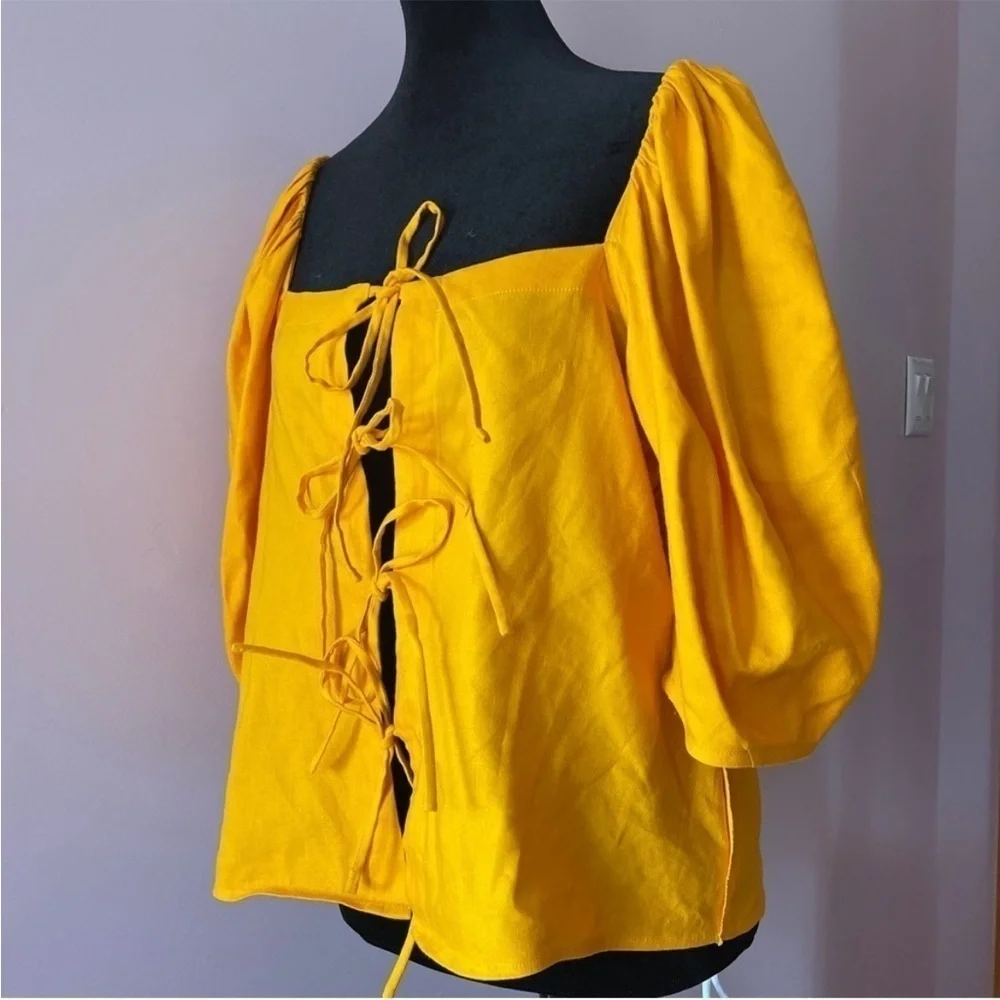 Cult Gaia- Orange Open Aurel Stretch Linen Front-Tie Puff-Sleeve Top Size Small